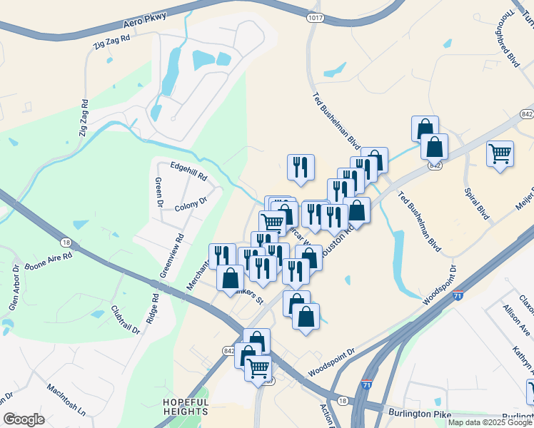 map of restaurants, bars, coffee shops, grocery stores, and more near 1055 Vandercar Way in Florence