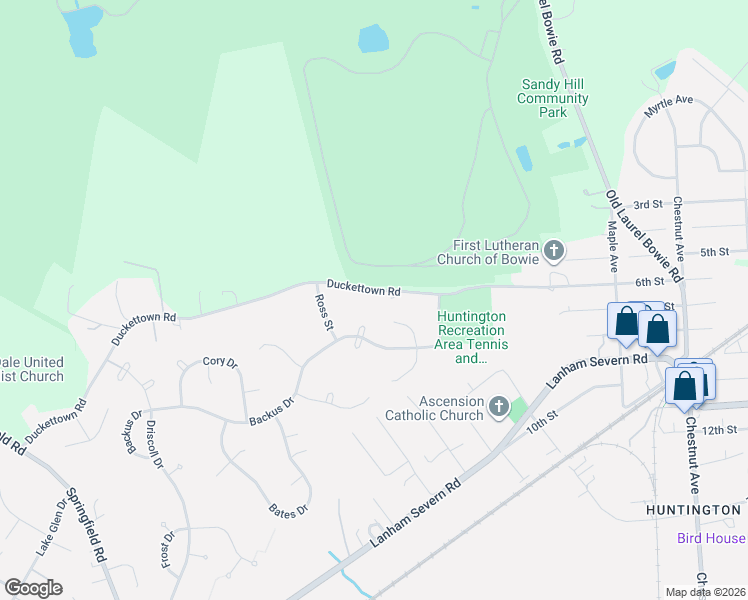 map of restaurants, bars, coffee shops, grocery stores, and more near 12307 Duckettown Road in Laurel