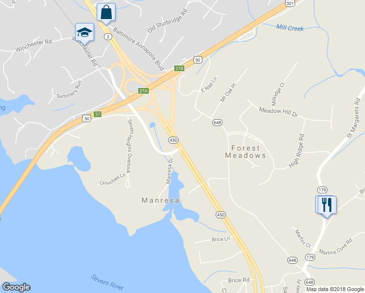 map of restaurants, bars, coffee shops, grocery stores, and more near 1707 Governor Ritchie Highway in Annapolis
