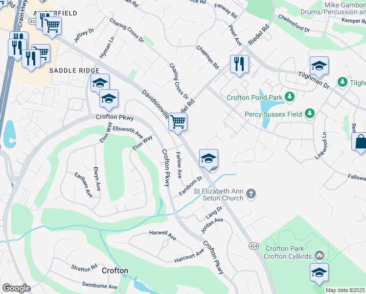 map of restaurants, bars, coffee shops, grocery stores, and more near 1520 Farlow Avenue in Crofton