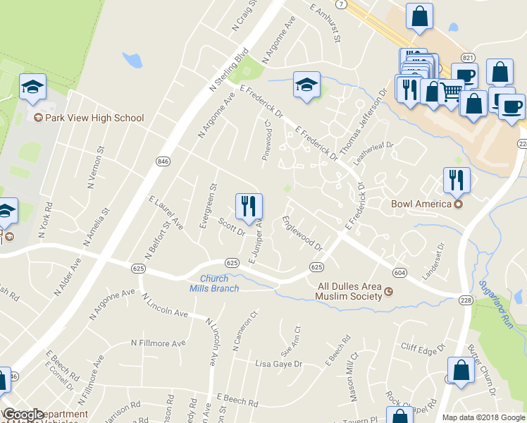 map of restaurants, bars, coffee shops, grocery stores, and more near 242 East Juniper Avenue in Sterling