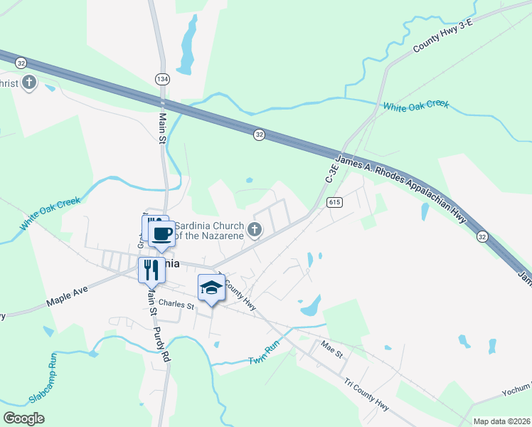 map of restaurants, bars, coffee shops, grocery stores, and more near 115 Pleasant Street in Sardinia