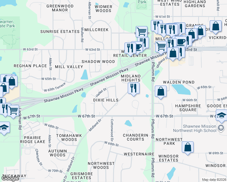 map of restaurants, bars, coffee shops, grocery stores, and more near 6507 Widmer Road in Shawnee