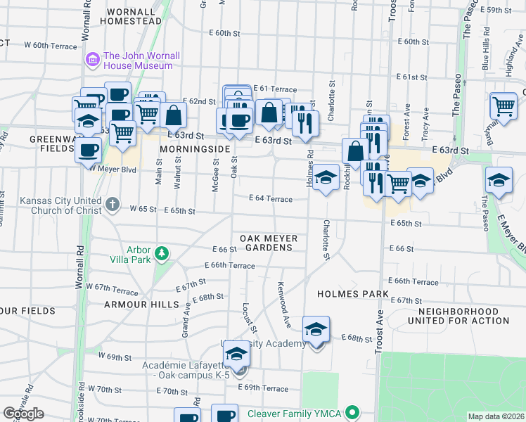 map of restaurants, bars, coffee shops, grocery stores, and more near 427 East 64 Terrace in Kansas City