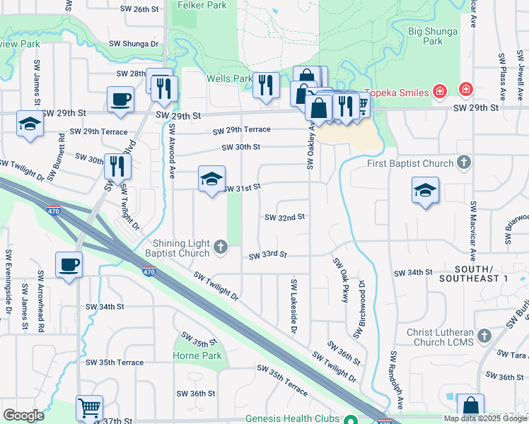 map of restaurants, bars, coffee shops, grocery stores, and more near 3123 SW Westwood Dr in Topeka