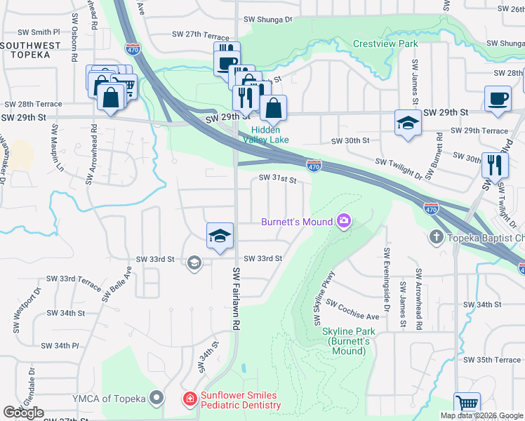 map of restaurants, bars, coffee shops, grocery stores, and more near 3125 Southwest Grand Court in Topeka