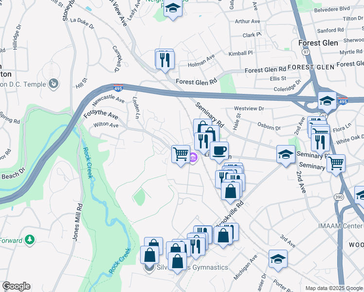 map of restaurants, bars, coffee shops, grocery stores, and more near 2601 Hume Drive in Silver Spring