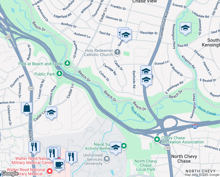 map of restaurants, bars, coffee shops, grocery stores, and more near 9610 Culver Street in Kensington
