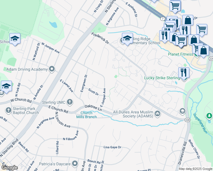map of restaurants, bars, coffee shops, grocery stores, and more near 242 East Juniper Avenue in Sterling