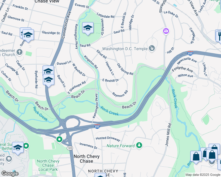 map of restaurants, bars, coffee shops, grocery stores, and more near 3555 Raymoor Road in Kensington