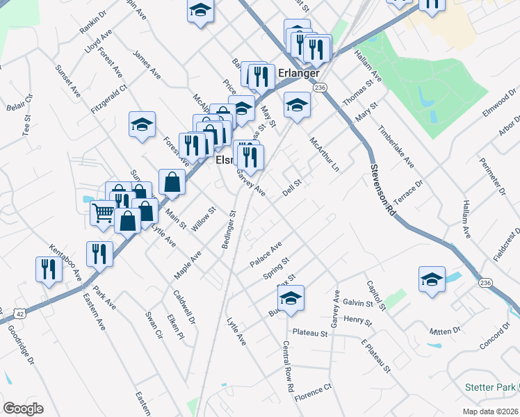 map of restaurants, bars, coffee shops, grocery stores, and more near 250 Garvey Avenue in Elsmere