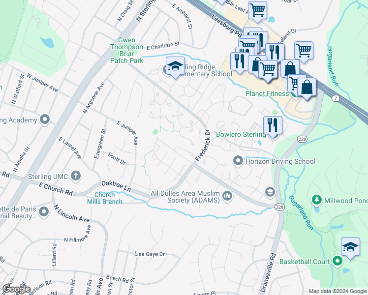 map of restaurants, bars, coffee shops, grocery stores, and more near 46732 Woodmint Terrace in Sterling