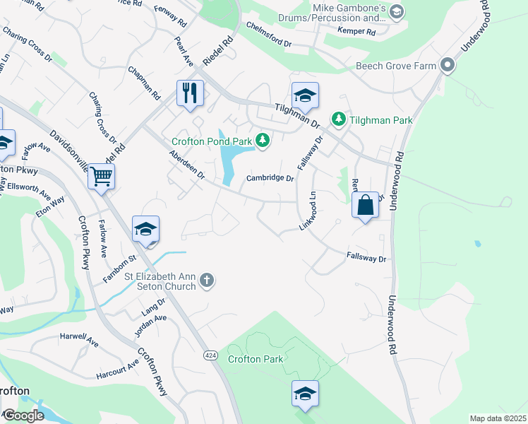 map of restaurants, bars, coffee shops, grocery stores, and more near 1711 Denton Court in Crofton