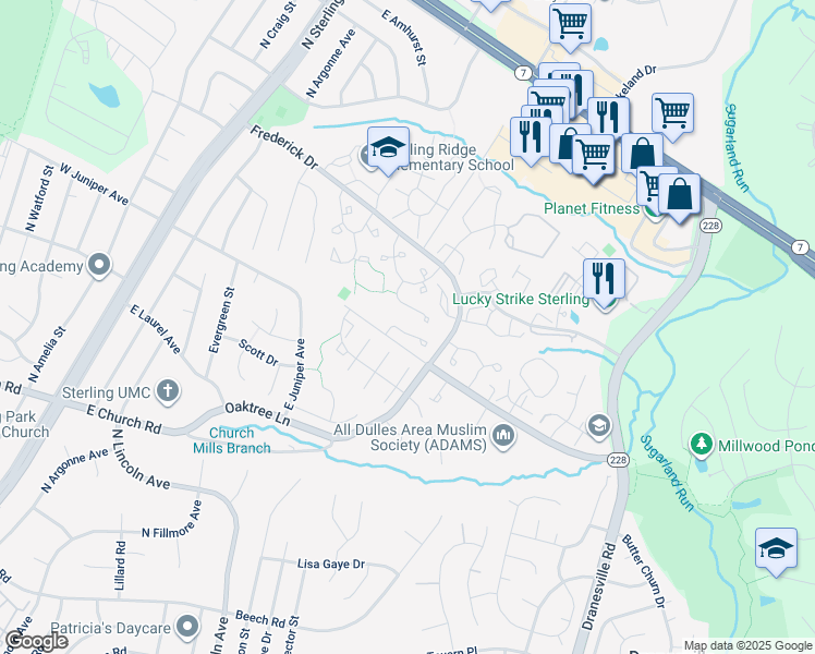 map of restaurants, bars, coffee shops, grocery stores, and more near 46732 Woodmint Terrace in Sterling