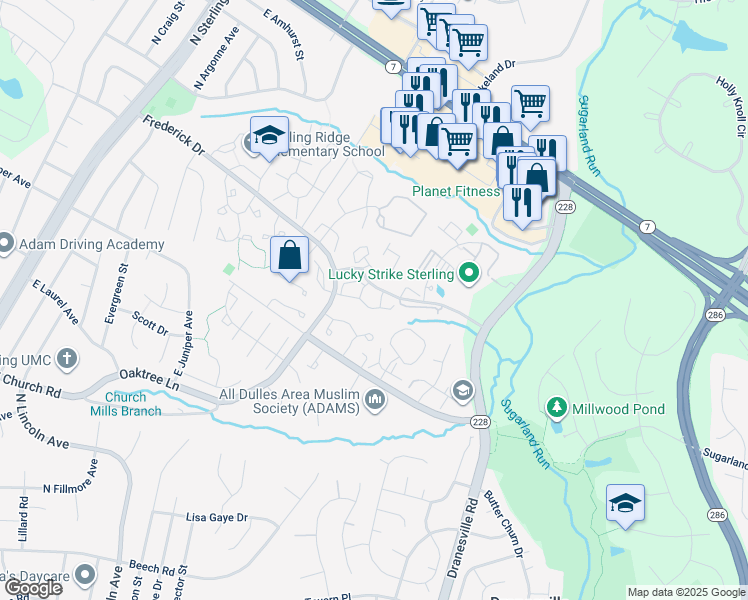 map of restaurants, bars, coffee shops, grocery stores, and more near 21881 Shallow Rock Square in Sterling