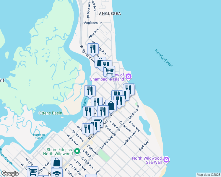 map of restaurants, bars, coffee shops, grocery stores, and more near 208 West Walnut Avenue in North Wildwood