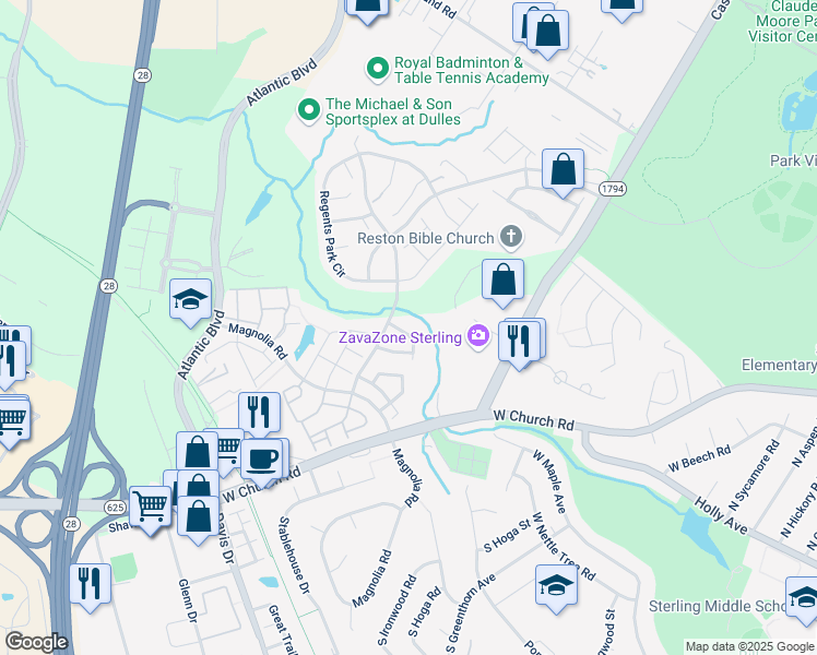 map of restaurants, bars, coffee shops, grocery stores, and more near 45632 Waterloo Station Square in Sterling