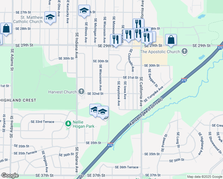 map of restaurants, bars, coffee shops, grocery stores, and more near 3125-3137 Southeast Minnesota Avenue in Topeka