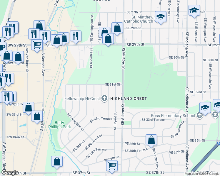 map of restaurants, bars, coffee shops, grocery stores, and more near 3101 Southeast Bryant Street in Topeka