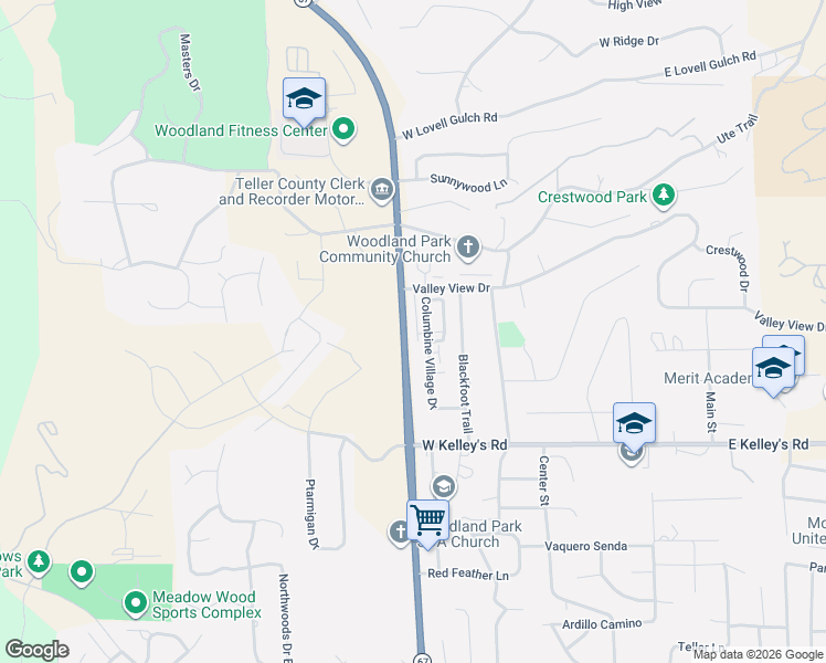 map of restaurants, bars, coffee shops, grocery stores, and more near 1785 Columbine Village Drive in Woodland Park