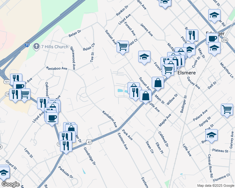 map of restaurants, bars, coffee shops, grocery stores, and more near 150 Cave Run Drive in Erlanger