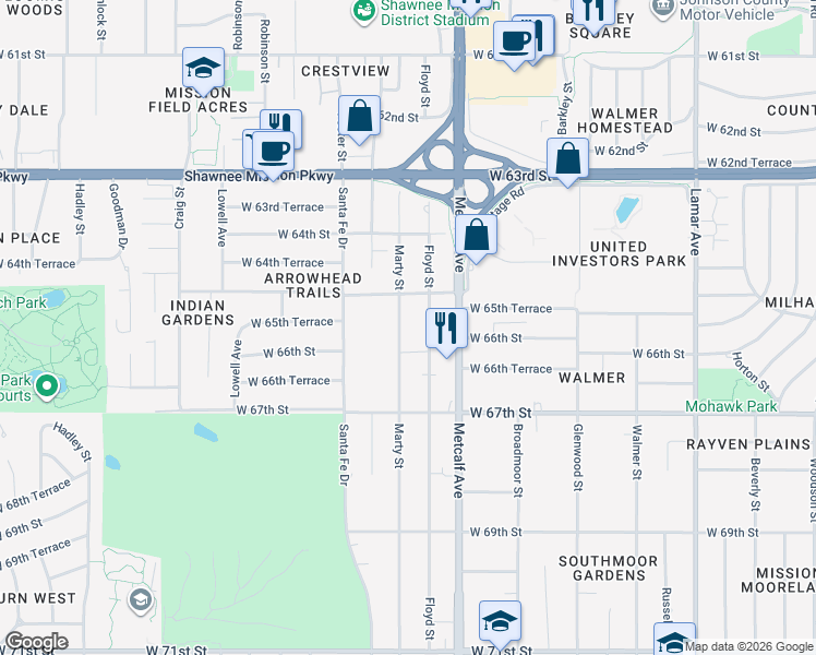 map of restaurants, bars, coffee shops, grocery stores, and more near 6521 Marty Street in Mission