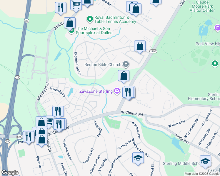 map of restaurants, bars, coffee shops, grocery stores, and more near 45681 Oakbrook Court in Sterling