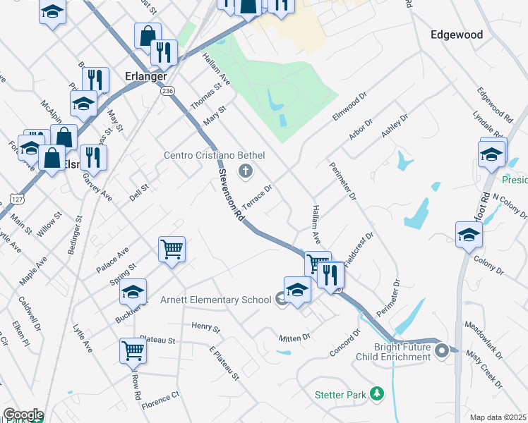 map of restaurants, bars, coffee shops, grocery stores, and more near 3415 Terrace Drive in Erlanger