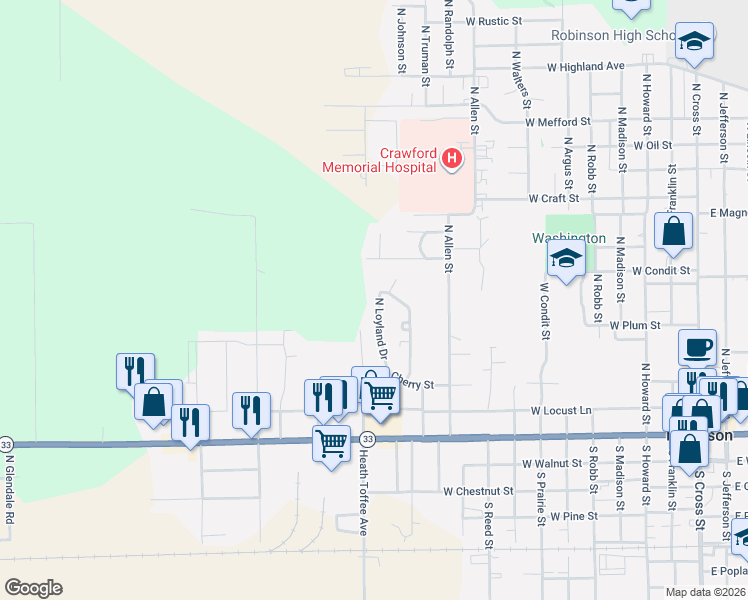 map of restaurants, bars, coffee shops, grocery stores, and more near 301-599 North Loyland Drive in Robinson