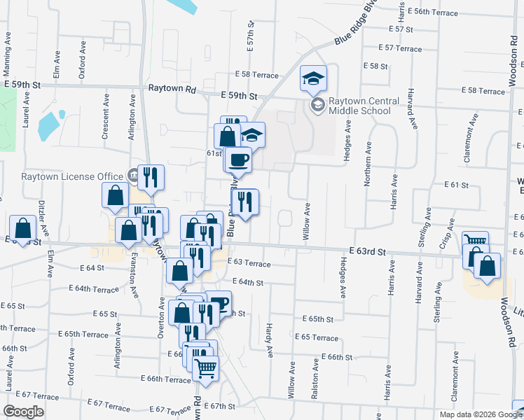 map of restaurants, bars, coffee shops, grocery stores, and more near 6132 Ash Court in Raytown