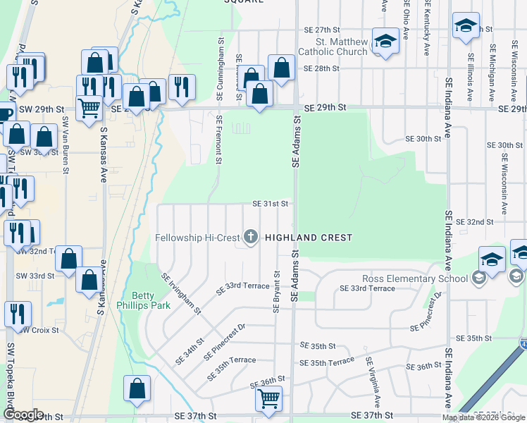 map of restaurants, bars, coffee shops, grocery stores, and more near 3101 Southeast Bryant Street in Topeka