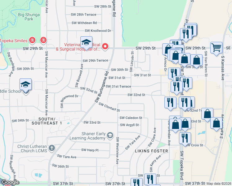 map of restaurants, bars, coffee shops, grocery stores, and more near 1422 Southwest 32nd Street in Topeka