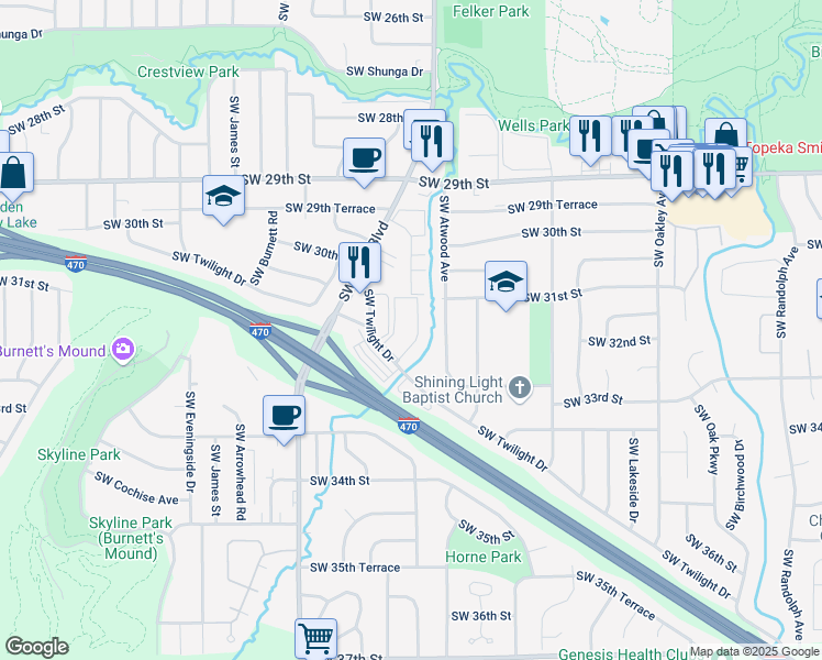 map of restaurants, bars, coffee shops, grocery stores, and more near 3211 Southwest Twilight Court in Topeka