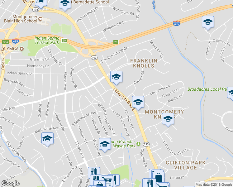 map of restaurants, bars, coffee shops, grocery stores, and more near 323 Maryland 193 in Silver Spring