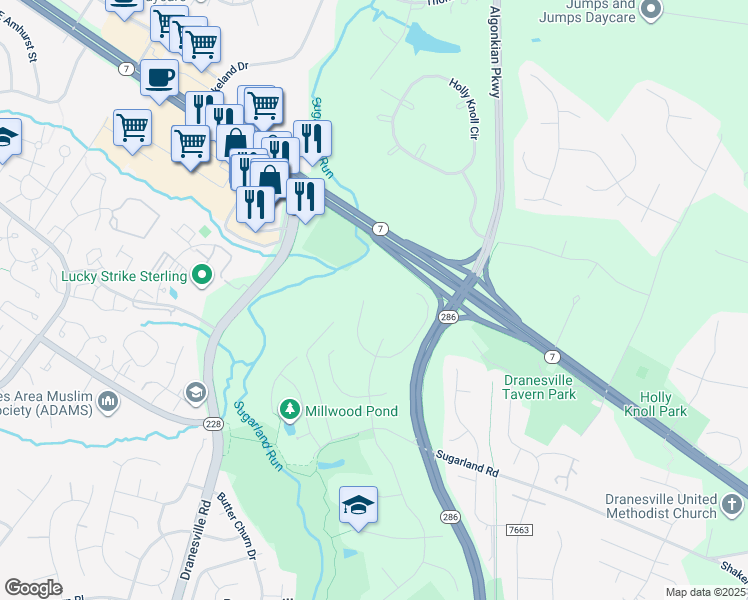 map of restaurants, bars, coffee shops, grocery stores, and more near 12212 Windsor Hall Way in Herndon