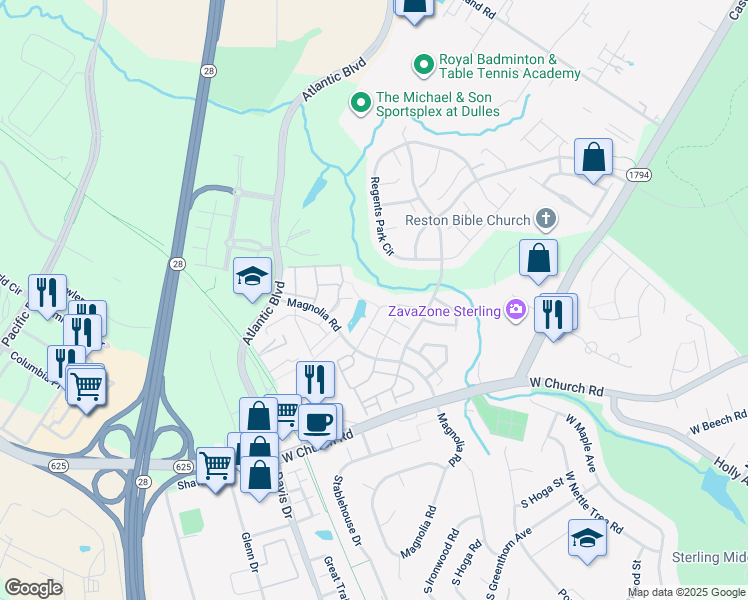 map of restaurants, bars, coffee shops, grocery stores, and more near 45568 Grand Central Square in Sterling