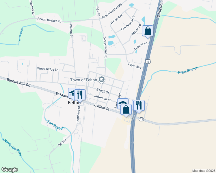 map of restaurants, bars, coffee shops, grocery stores, and more near 106 East Sewell Street in Felton