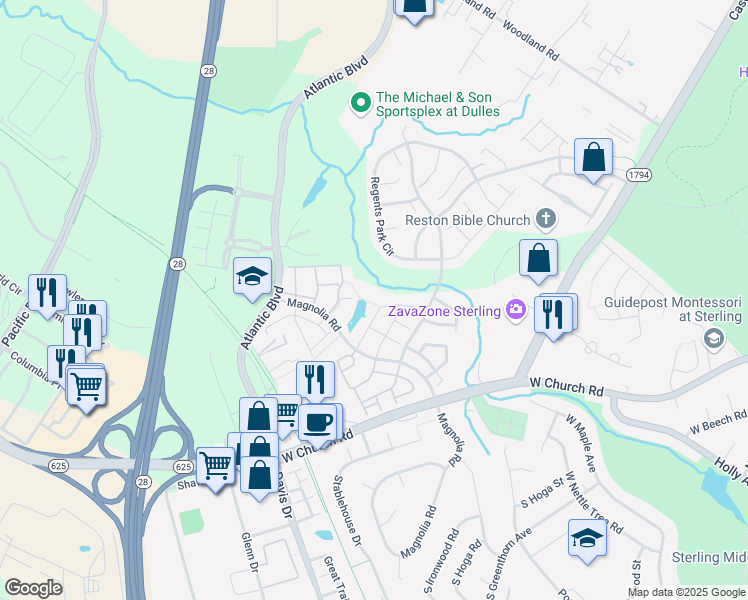 map of restaurants, bars, coffee shops, grocery stores, and more near 45568 Grand Central Square in Sterling