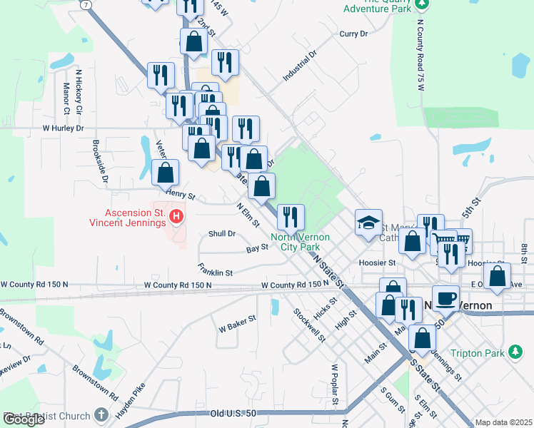 map of restaurants, bars, coffee shops, grocery stores, and more near 735 North State Street in North Vernon