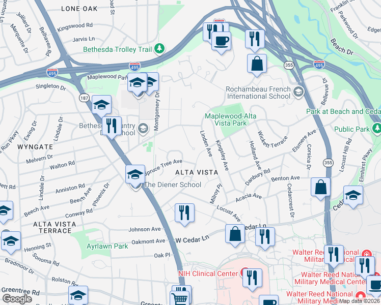map of restaurants, bars, coffee shops, grocery stores, and more near 9304 Wildoak Drive in Bethesda