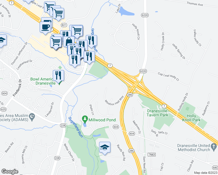 map of restaurants, bars, coffee shops, grocery stores, and more near 12212 Windsor Hall Way in Herndon