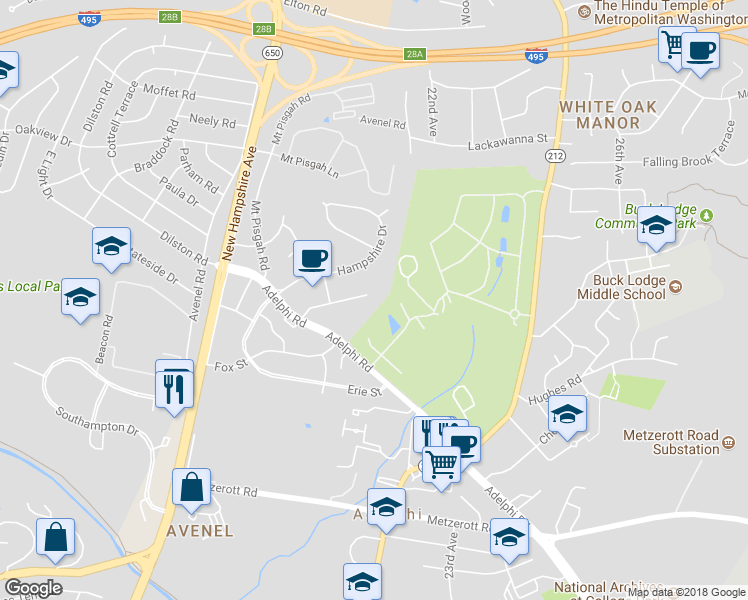 map of restaurants, bars, coffee shops, grocery stores, and more near 2023 Evansdale Drive in Hyattsville