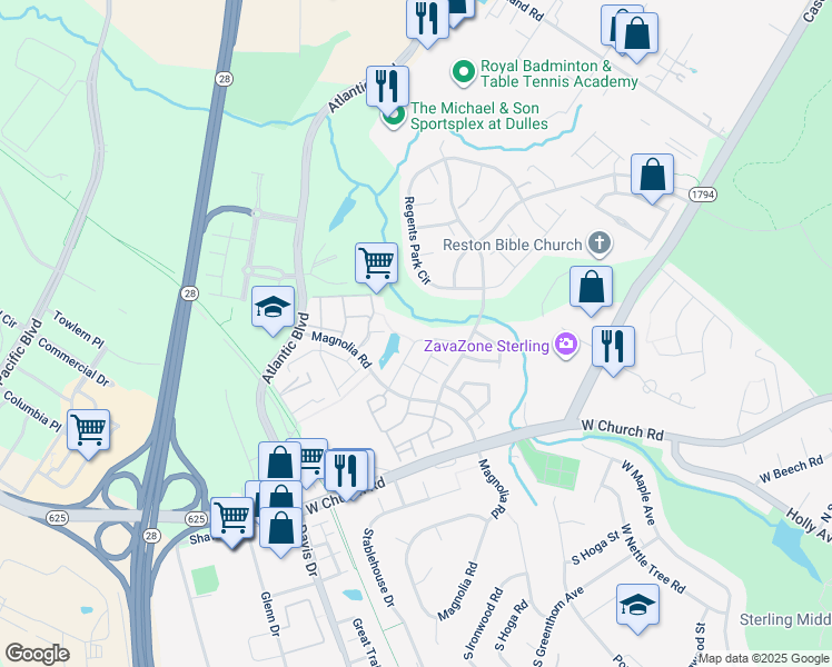 map of restaurants, bars, coffee shops, grocery stores, and more near 45576 Grand Central Square in Sterling