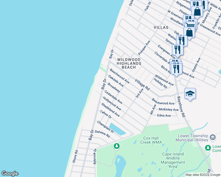 map of restaurants, bars, coffee shops, grocery stores, and more near 314 Broadway in Villas