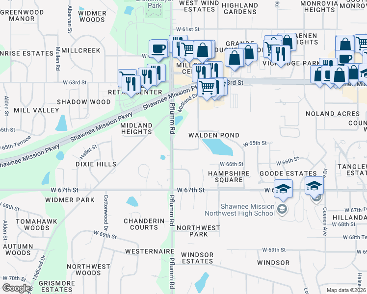map of restaurants, bars, coffee shops, grocery stores, and more near 13408 West 65th Terrace in Shawnee