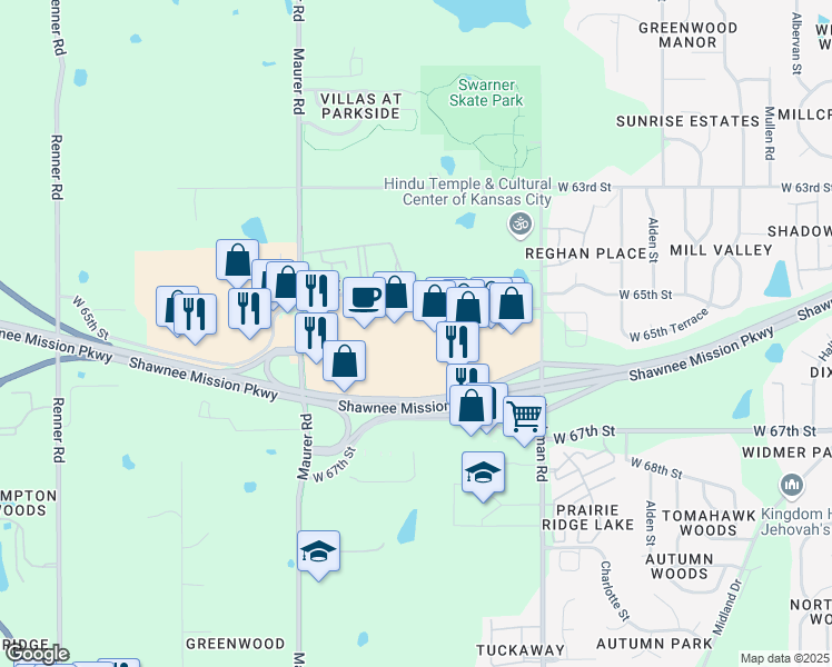 map of restaurants, bars, coffee shops, grocery stores, and more near 15500 Shawnee Mission Parkway in Shawnee