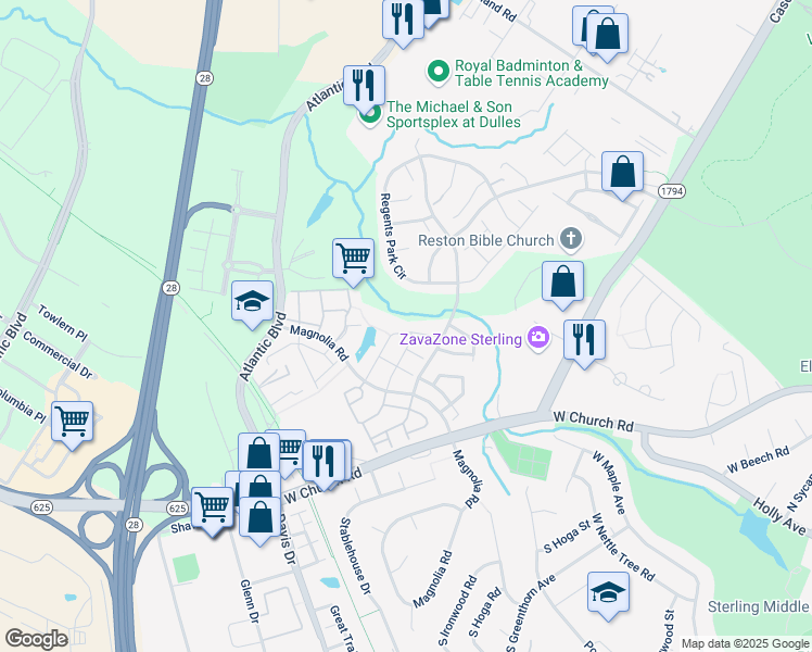 map of restaurants, bars, coffee shops, grocery stores, and more near 45590 Grand Central Square in Sterling