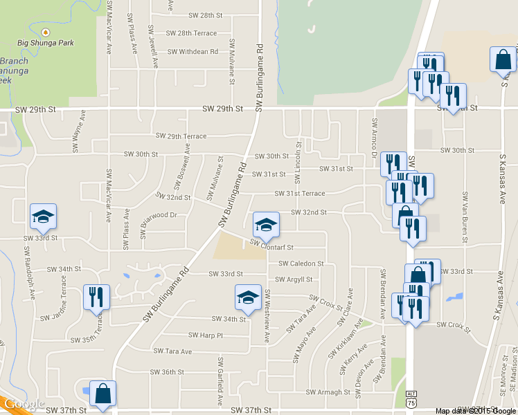 map of restaurants, bars, coffee shops, grocery stores, and more near 1422 Southwest 32nd Street in Topeka