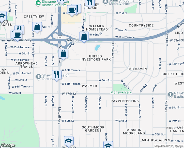 map of restaurants, bars, coffee shops, grocery stores, and more near 6601 West 65th Terrace in Mission