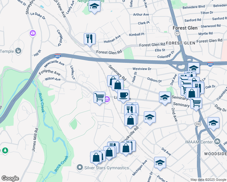 map of restaurants, bars, coffee shops, grocery stores, and more near 2403 Linden Lane in Silver Spring